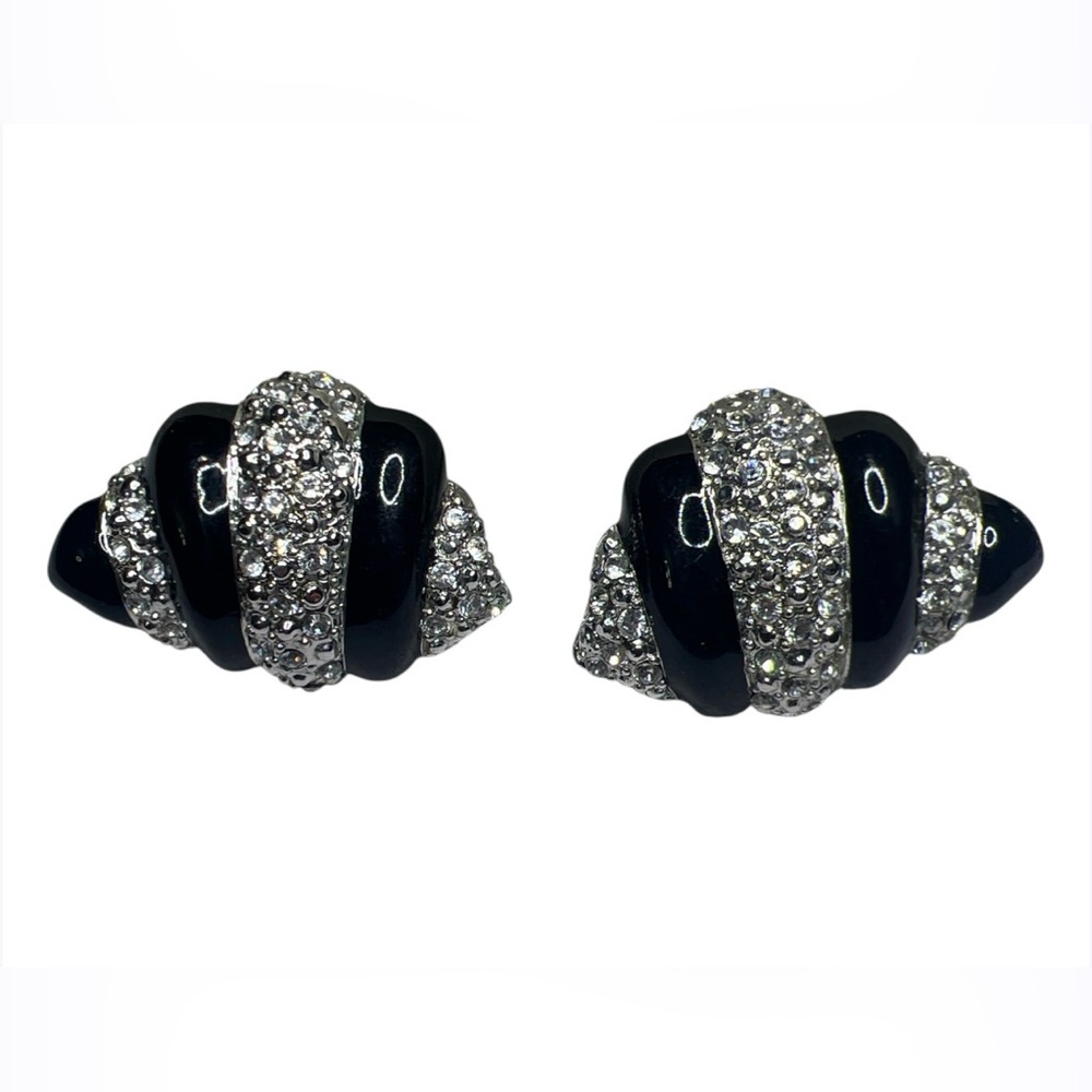 Vintage Signed  John Candice JC Enamel Crystals Clip On Earrings Silver Black